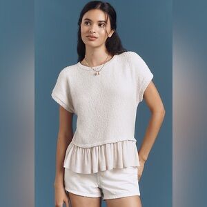 Anthro Cream Short-Sleeve Ruffle-Hem Top